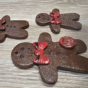 100% Handmade/no Mold. Brown Gingerbread Tree Ornaments with Red Accents.
